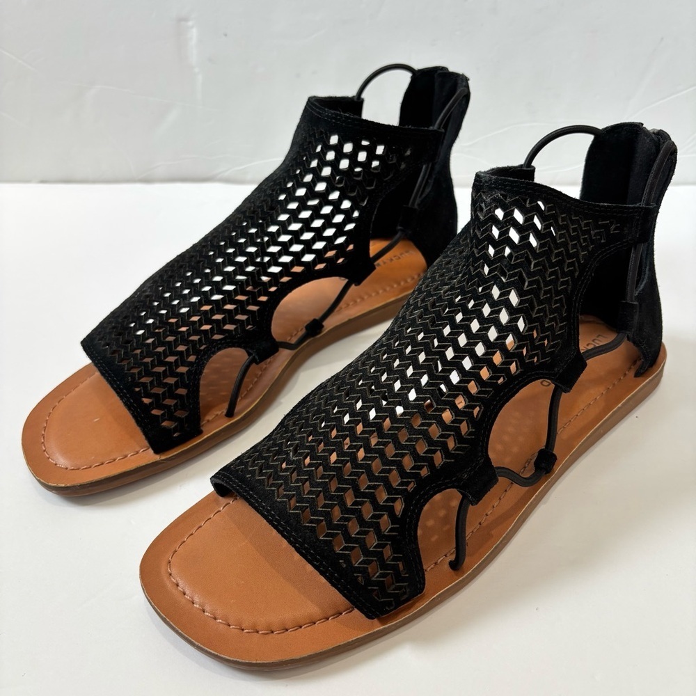 Lucky Brand baldin black laser cut gladiator preppy western sandals Women's 10M